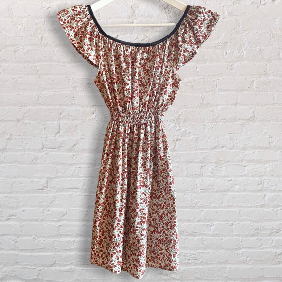 Minkie Strawberry Print Pattern Off the Shoulder Mini Dress Elastic Waist - Picture 2 of 7